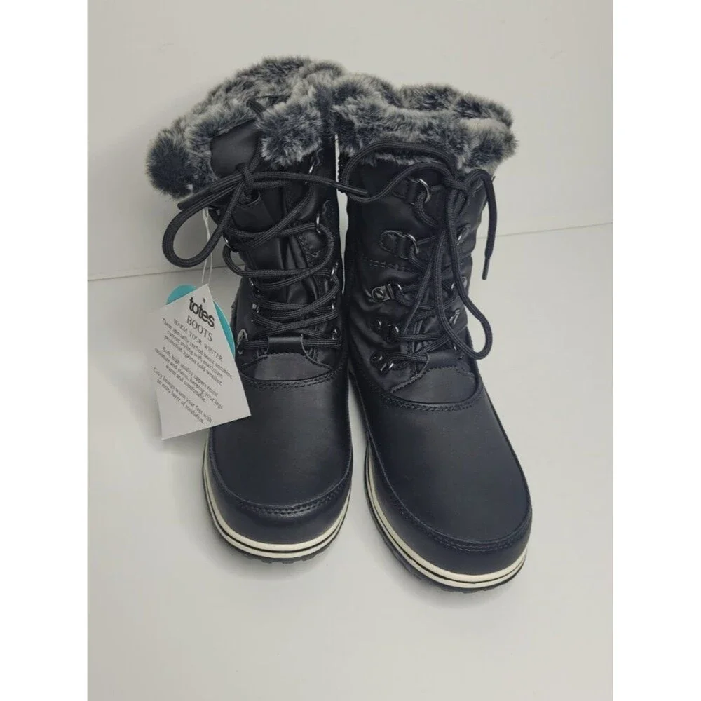 Totes Black Avery Winter Boots faux fur zip side waterproof size 6 NWT